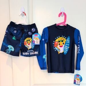 NWT Baby Shark Kids Rashguard And Trunks Swim Set - Blue 4T